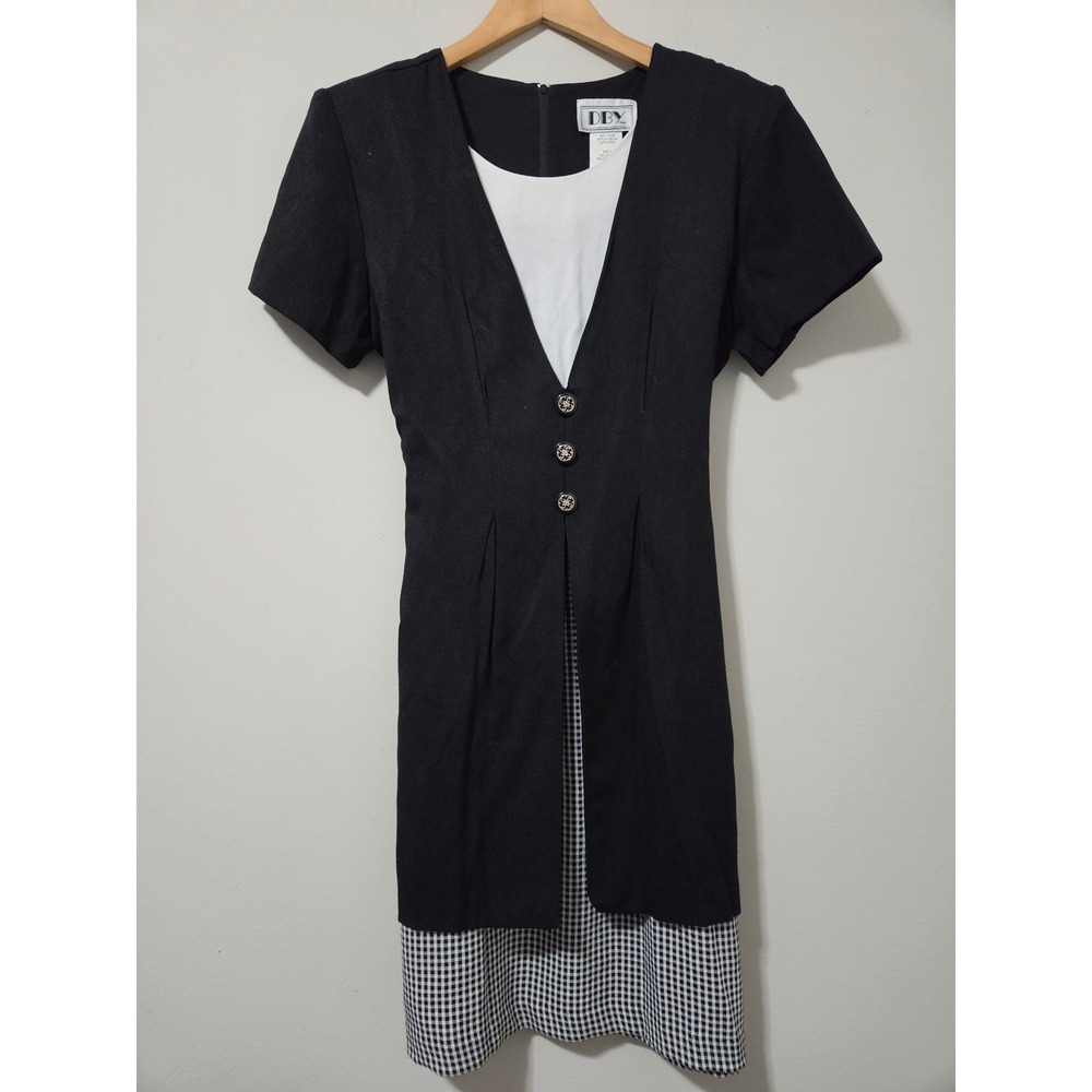 Vintage DBY Ltd Black White Gingham Layered Look Dress Size 11 90s Professional‎